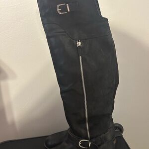 Elegant Black Over the Knee Boots with Buckle and Zipper
